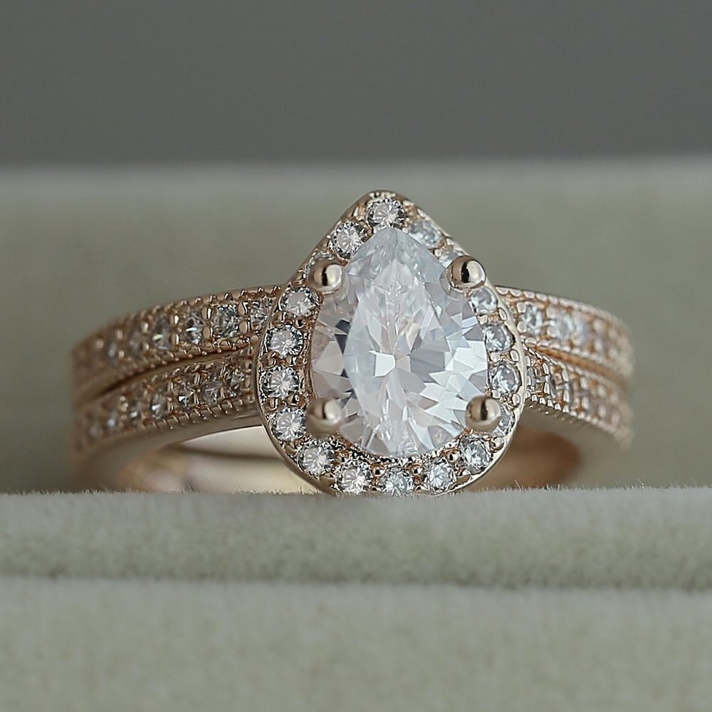 💎 Elegant Beautiful Pear Micro Pave Water Drop Rose Gold Ring Set Women, VIP393